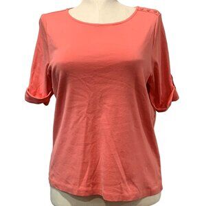 Womens Coral CJ Banks Cotton Button-Detail Crewneck Top Short Sleeve Cuff Size X